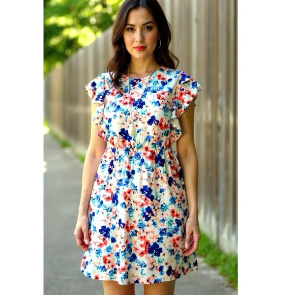 Merona Womens Sz M Abstract Floral Ruffle Dress Sleeveless Knee Hem Party Summer - Picture 1 of 9